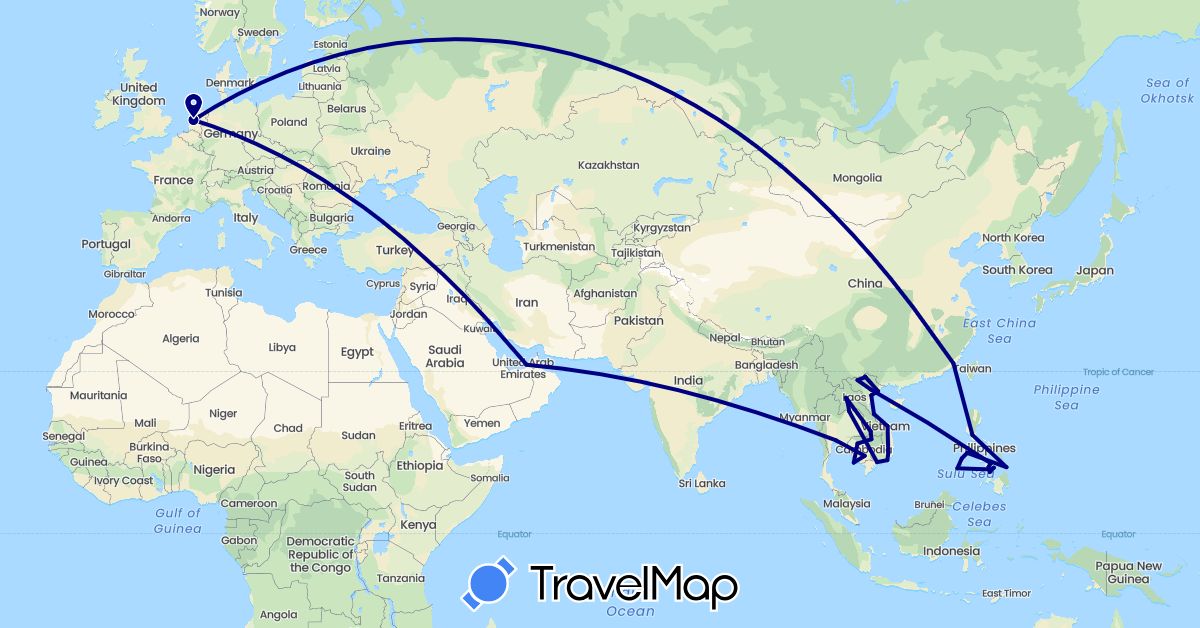 TravelMap itinerary: driving in United Arab Emirates, China, Cambodia, Laos, Netherlands, Philippines, Thailand, Vietnam (Asia, Europe)